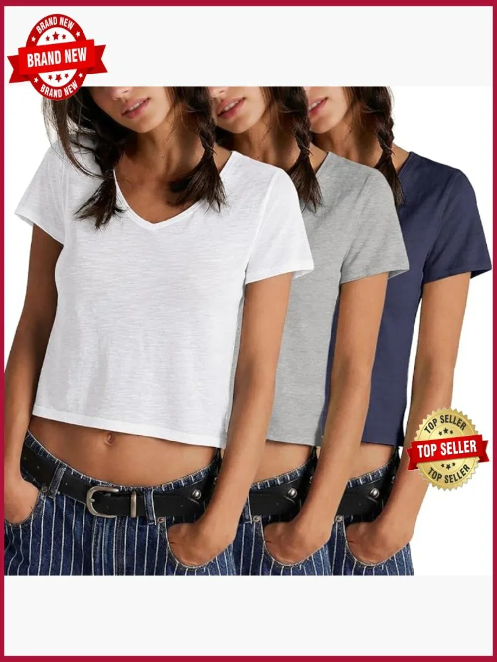 3 Pack V Neck Crop Tops Slub Cotton Short Sleeve Tee Summer Fashion Basic T